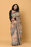 Beige Printed Katha Work Tussar Saree