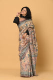 Beige Printed Katha Work Tussar Saree