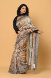 Beige Printed Katha Work Tussar Saree