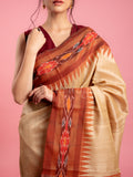 Beige Pure Desi Tussar Saree with Ikat Pallu