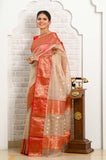 Beige Pure Silk Handwoven Chanderi Saree with red border