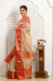 Beige Pure Silk Handwoven Chanderi Saree with red border