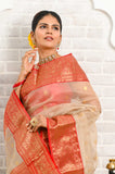 Beige Pure Silk Handwoven Chanderi Saree with red border