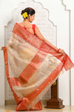 Beige Pure Silk Handwoven Chanderi Saree with red border