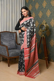 Black-Red Pure Tussar Ghicha Printed Saree