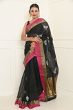 Black Cotton Silk Silver-Gold Booti Banarasi Saree