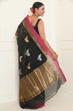 Black Cotton Silk Silver-Gold Booti Banarasi Saree