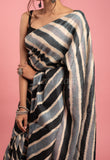 Black Gray Lehariya Handmade Gota Piping Tussar Saree