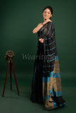 Black Linen Saree with Blue Pallu