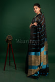 Black Linen Saree with Blue Pallu