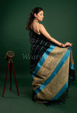 Black Linen Saree with Blue Pallu