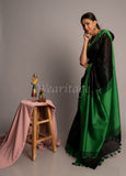 Black Linen Saree with Green Border