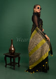 Black Linen Saree with Green Stripes