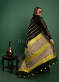 Black Linen Saree with Green Stripes