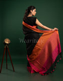 Black Linen Saree with Orange-pink border