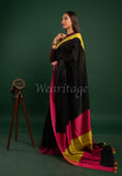 Black Linen Saree with Pink Green Border