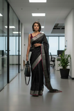 Black Linen Saree with Silver Pink Border