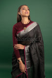 Black Linen Saree with Silver Pink Border