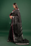 Black Linen Saree with Silver Pink Border