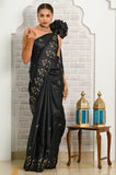 Black Pure Tussar Saree With Embroided Flower