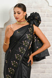 Black Pure Tussar Saree With Embroided Flower