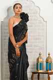 Black Pure Tussar Saree With Embroided Flower