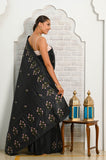 Black Pure Tussar Saree With Embroided Flower