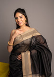 Black Handwoven Resham Border Maheshwai Saree