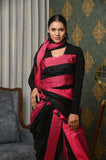 Black linen saree with Pink Border