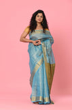 Blue-Golden Linen Tissue Handwork Embroidary Saree