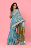 Blue-Golden Linen Tissue Handwork Embroidary Saree