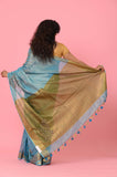 Blue-Golden Linen Tissue Handwork Embroidary Saree