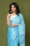 Blue-White Linen Tissue Handwork Embroidary Saree