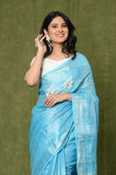 Blue-White Linen Tissue Handwork Embroidary Saree