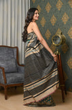 Blue-black Pure Tussar Ghicha Printed Saree