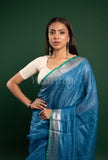 Blue Linen Saree with Green Border