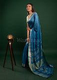 Blue Linen Saree with Green Border