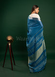 Blue Linen Saree with Green Border