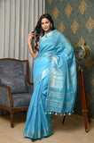 Blue Linen Saree with Silver Pallu