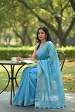 Blue Linen Saree with Silver Pallu