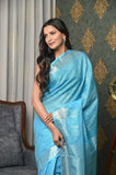 Blue Linen Saree with Silver Pallu