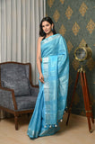 Blue Linen Saree with Silver Pallu