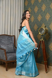 Blue Linen Saree with Silver Pallu