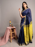 Blue Linen Saree with Yellow Pallu