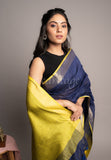 Blue Linen Saree with Yellow Pallu