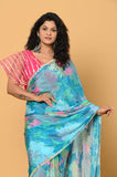 Blue Printed Chinon Saree