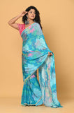 Blue Printed Chinon Saree