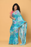 Blue Printed Chinon Saree