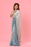 Blue Shaded Net Sequins Designer Saree