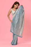 Blue Shaded Net Sequins Designer Saree